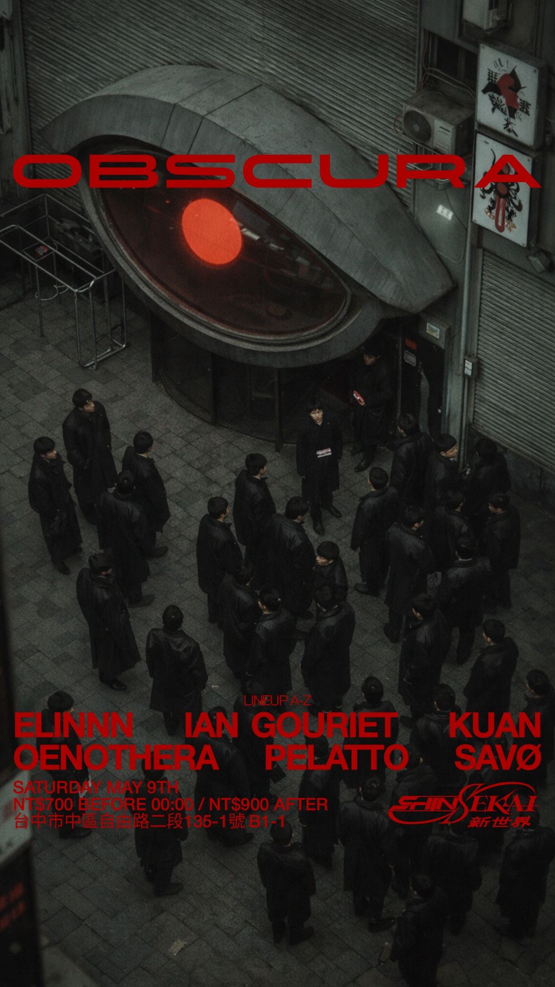 NOS OBSCURA 001 poster: the lineup in red over a crowd in black coats