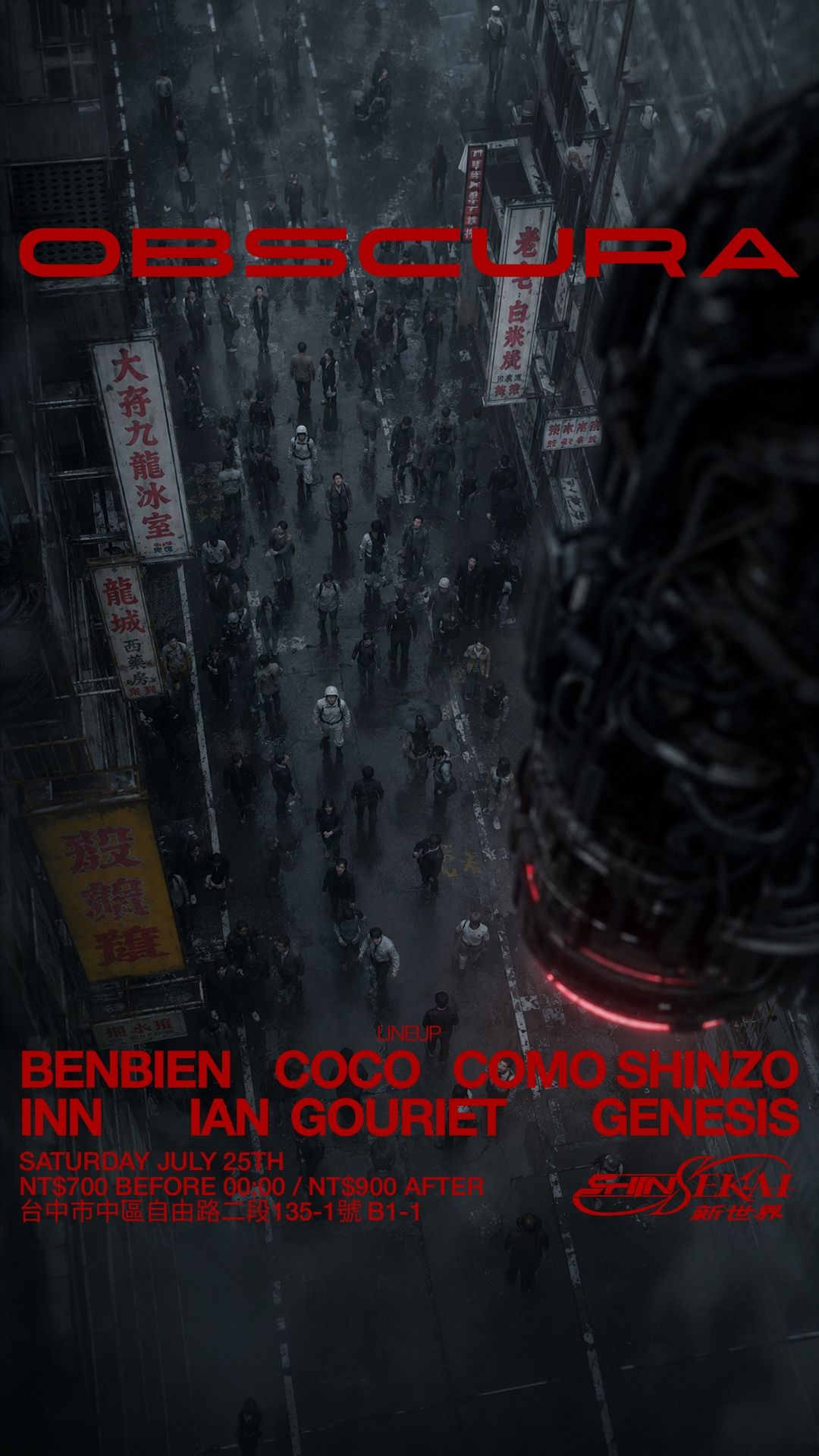 NOS OBSCURA 002 poster: a crowded street seen from above, lineup in red