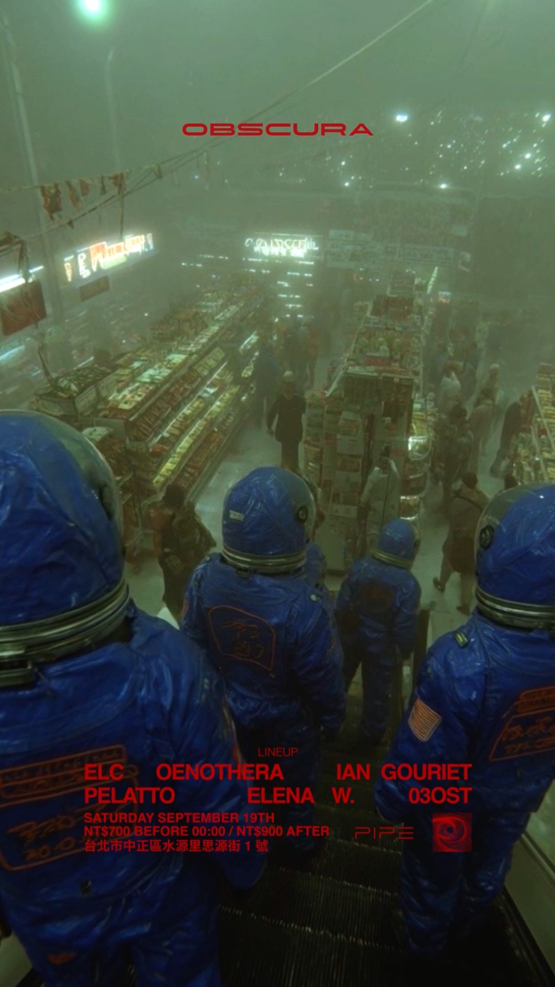 NOS OBSCURA 003 poster: figures in blue suits in a foggy supermarket, lineup in red