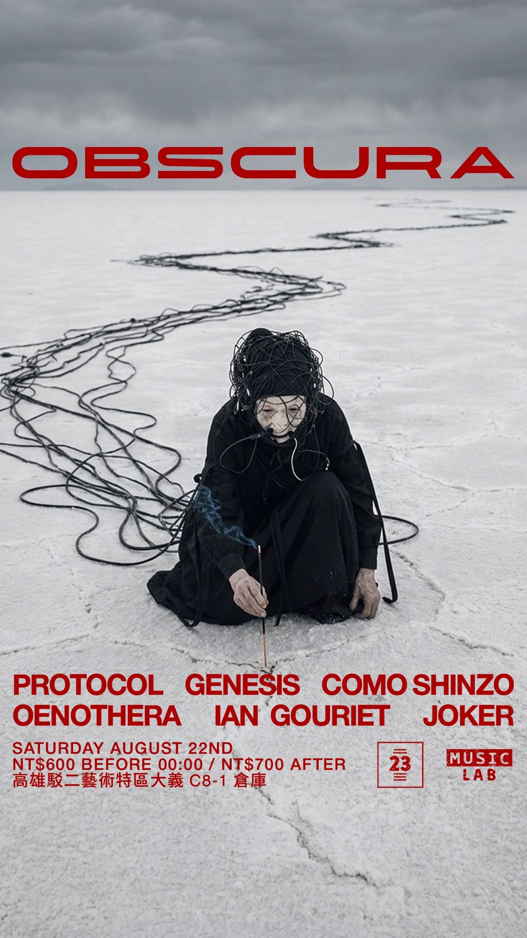 NOS OBSCURA 004 poster: a figure tangled in cables on a white salt flat, lineup in red