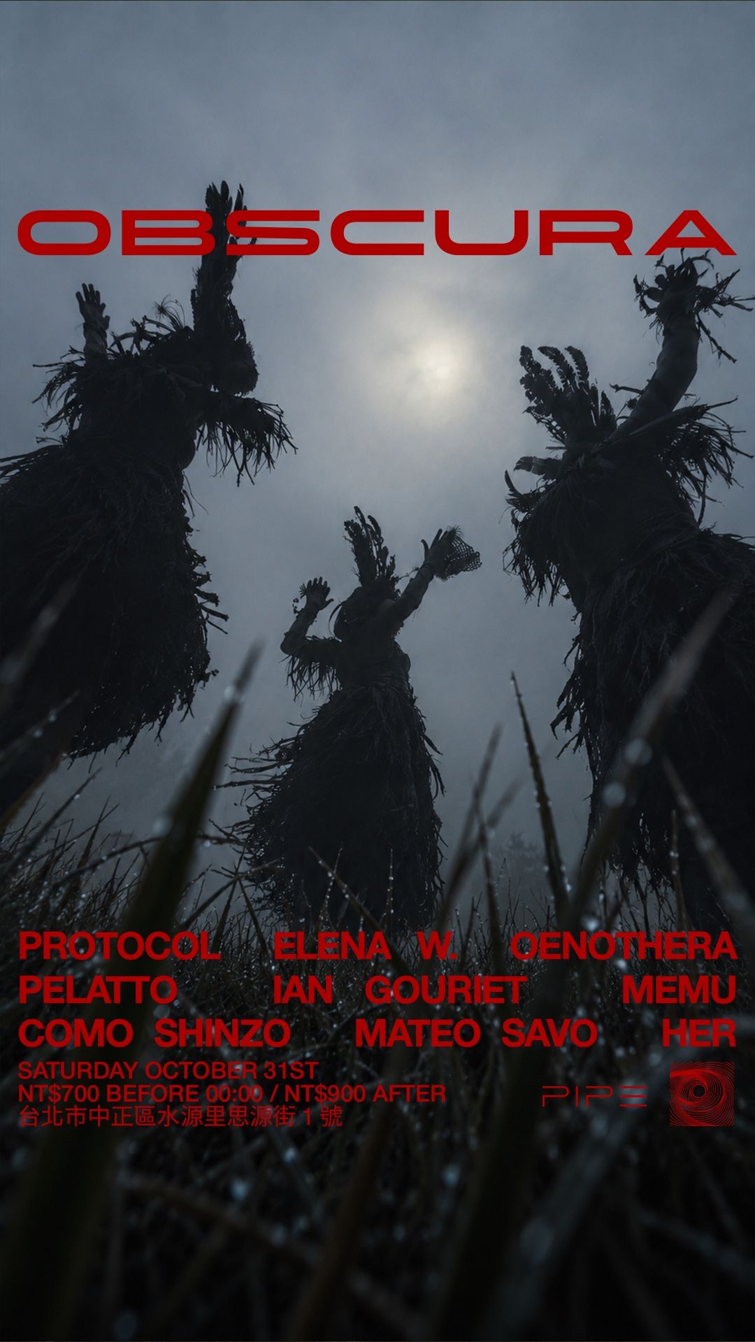 NOS OBSCURA 005 poster: shaggy costumed figures against a pale sky, lineup in red